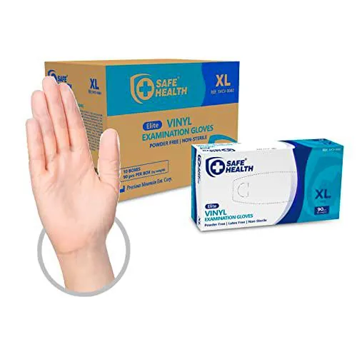 Safe Health Guantes Desechables de examen de Vinilo Transparente Talla XL | 900 unidades | Sin polvo Sin látex | Certificado CE | Limpieza Atención médica Alimentación | 3 Mil