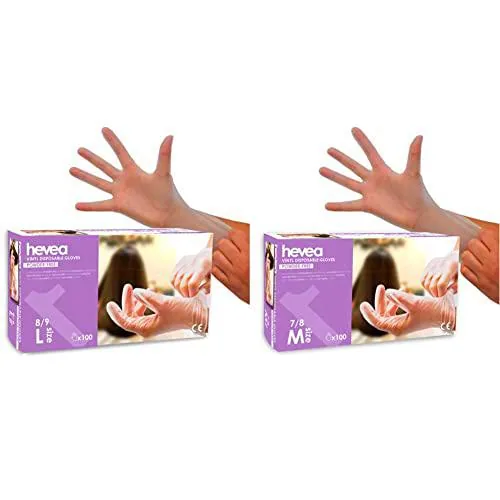 Hevea Guantes desechables de vinilo sin polvo pack 1 x 100 Talla M & Guantes desechables de vinilo sin polvo pack 1 x 100 Talla L
