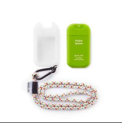 HAAN Desinfectante de Manos Dispensador + Accesorio para Colgar | Higienizante e Hidratante en Spray con ALOE VERA | Dispensador Recargable | Cordón y Funda para Colgar | 30 ml Mojito Splash