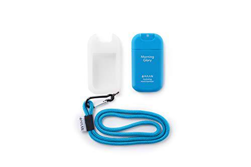 HAAN Desinfectante de Manos Dispensador + Accesorio para Colgar | Higienizante e Hidratante en Spray | Dispensador Recargable | Cordón y Funda para Colgar en el Cuello | 30 ml | Azul