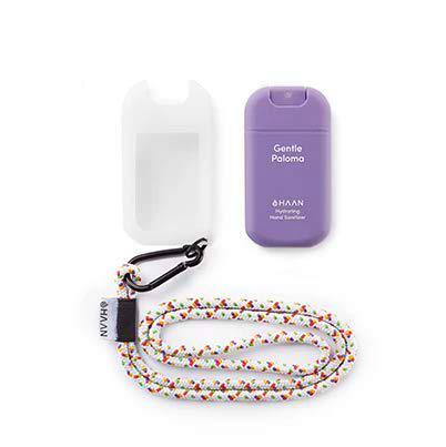 HAAN Desinfectante de Manos Dispensador + Accesorio para Colgar | Higienizante e Hidratante en Spray | Dispensador Recargable | Cordón y Funda para Colgar en el Cuello | 30 ml | Paloma