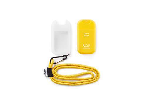 HAAN Desinfectante de Manos Dispensador + Accesorio para Colgar | Higienizante e Hidratante con Aloe Vera | Cordón y Funda para colgar en el Cuello | 30 ml | Amarillo