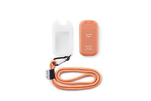HAAN Desinfectante de Manos Dispensador + Accesorio para Colgar | Higienizante e Hidratante en Spray | Dispensador Recargable | Cordón y Funda para Colgar en el Cuello | 30 ml | Coral