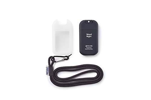 HAAN Desinfectante de Manos Dispensador + Accesorio para Colgar | Higienizante e Hidratante en Spray | Dispensador Recargable | Cordón y Funda para Colgar en el Cuello | 30 ml | Negro