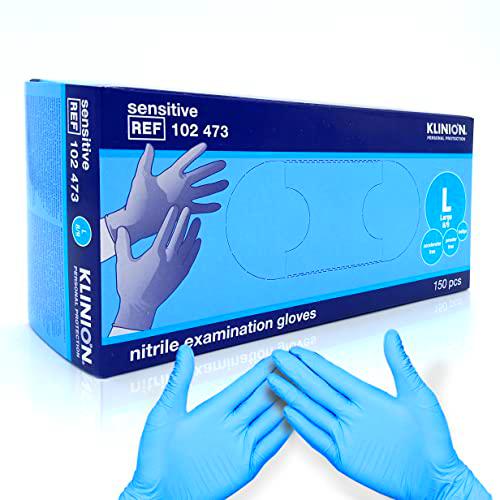Klinion Guantes de NITRILO desechables adulto Caja 150 unidades Sin polvo Color Azul Talla: L Muy duraderos y resistentes.