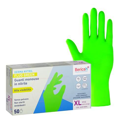 Bericah, Derma Nytril Fluo Green, talla XL, guantes desechables de nitrilo