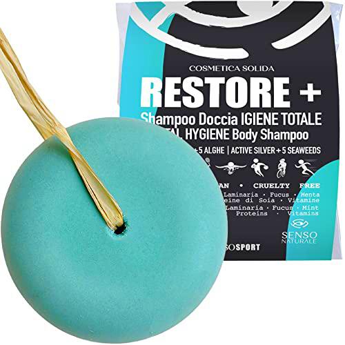 Champú de ducha sólido RESTORE + higienizante para deportistas con algas sprirulina