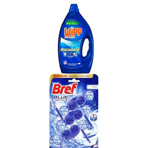 Wipp Express Limpieza Profunda, 55 lavados, detergente líquido quitamanchas+ Bref Blue Activ Cloro Cesta WC (3 unidades)