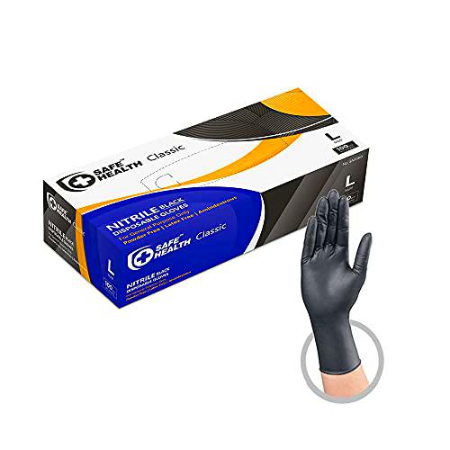Safe Health Guantes desechables industriales negros de nitrilo grandes | 3.5 Mil Caja de 100 | Sin polvo ni látex | Tatuaje-Salón de Belleza-Peluquería Estudio de Uñas-Reparación de Automóviles
