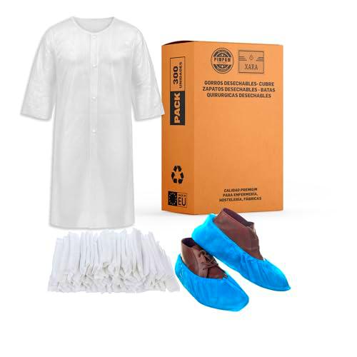 XARA 100 Gorros Desechables Ajustables + 100 Cubrezapatos Impermeables + 100 Batas Desechables de Polietileno