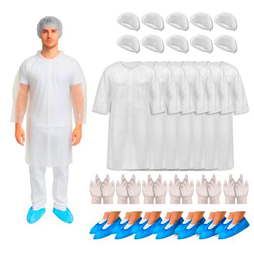 XARA 100 Gorros Desechables Ajustables + 100 Cubrezapatos Impermeables + 100 Batas Desechables de Polietileno + 100 Guantes Desechables
