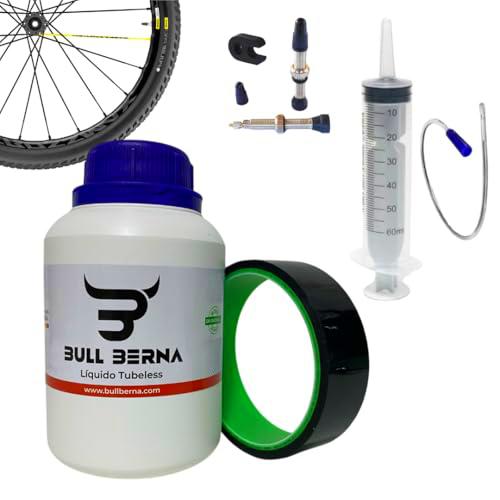 BULL BERNA Kit para tubelizar 2 Ruedas Completo con liquido,valvulas Presta,Kit dosificacion y Cinta de 25mm