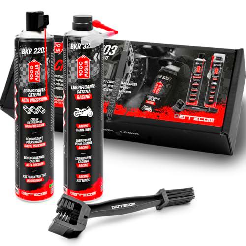 ERRECOM 1000 Miglia Clean&amp;Lube Kit Cadena Moto Racing; Desengrasante Cadena Alta Presión 750mL+ Lubrificante Cadena Moto Carrera Alto Rendimiento 750mL+ Huggie System y Extensión 90º+Cepillo+ Guantes