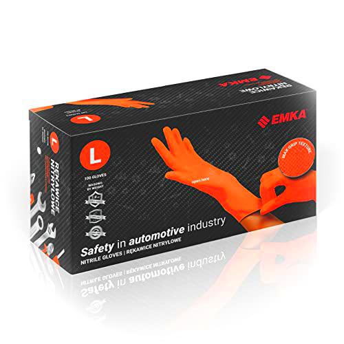 EMKA S.A. Guantes de nitrilo | Naranja | Reforzado | Duradero | Guantes de trabajo | Guantes Desechables | Guantes de Limpieza | Para Coche | Jardín (L)
