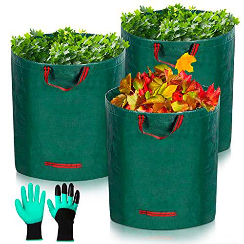 Bolsas de Basura de Jardín,Sacos de jardín,3 x 300 Litros-4 asas Resistentes,incluye Guantes Protectores