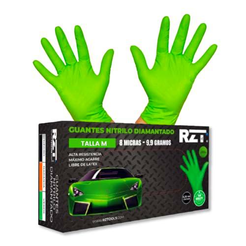 RZ TOOLS Guantes De Nitrilo Desechables Verdes De 100 Uds Guantes De Nitrilo Extra Gruesos Con Textura Diamante | Guantes Para Taller Y Montaje De Alta Resistencia Desechables | Tamaño M