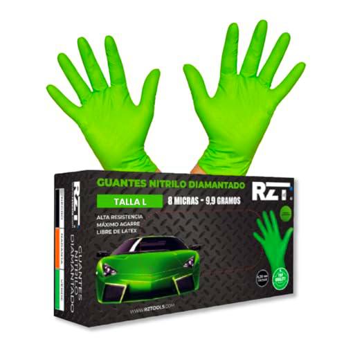 RZ TOOLS Guantes De Nitrilo Desechables Verdes De 100 Uds Guantes De Nitrilo Extra Gruesos Con Textura Diamante | Guantes Para Taller Y Montaje De Alta Resistencia Desechables | Tamaño L