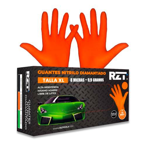 RZ TOOLS Guantes de Nitrilo Desechables Naranja | Extra Gruesos con Textura Diamante | Para Taller y Montaje de Alta Resistencia Desechables | Tamaño S