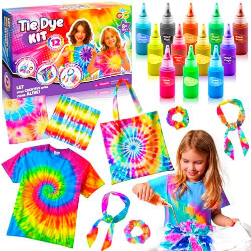 G.C Tie Dye Kit para Niños con 12 Tinte Ropa, Bolsas de Tela Camiseta Pañuelos Cuadradas Artículos desechables | Tie Dye Juegos de Manualidades Regalo Niños Niñas 6 7 8 9 Años