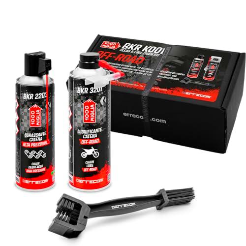 ERRECOM 1000 Miglia Clean&amp;Lube Kit Cadena Moto Off-Road; Incluye Desengrasante Cadena Bote Alta Presión 500mL+Lubricante Cadena Moto Todoterreno 500mL+ Huggie System y Extensión 90º+Cepillo+ Guantes