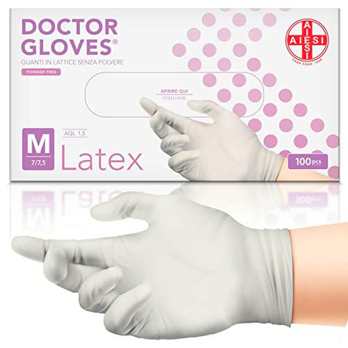 AIESI® Guantes de Látex desechables sin polvo para uso médico DOCTOR GLOVES (Paquete de 100 piezas) talla M