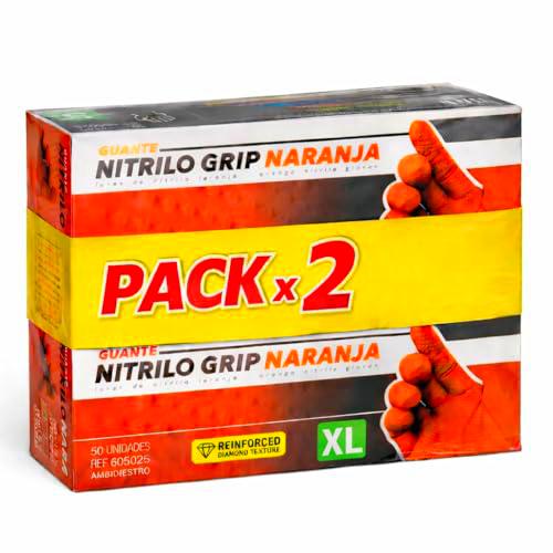 (Pack de 100) Guantes de Nitrilo Diamantados Naranja Talla XL (Sin Latex y de Doble Grosor)