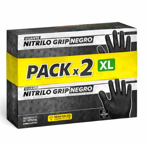 (Pack de 100) Guantes de Nitrilo Diamantados Negros Talla XL (Sin Latex y de Doble Grosor)